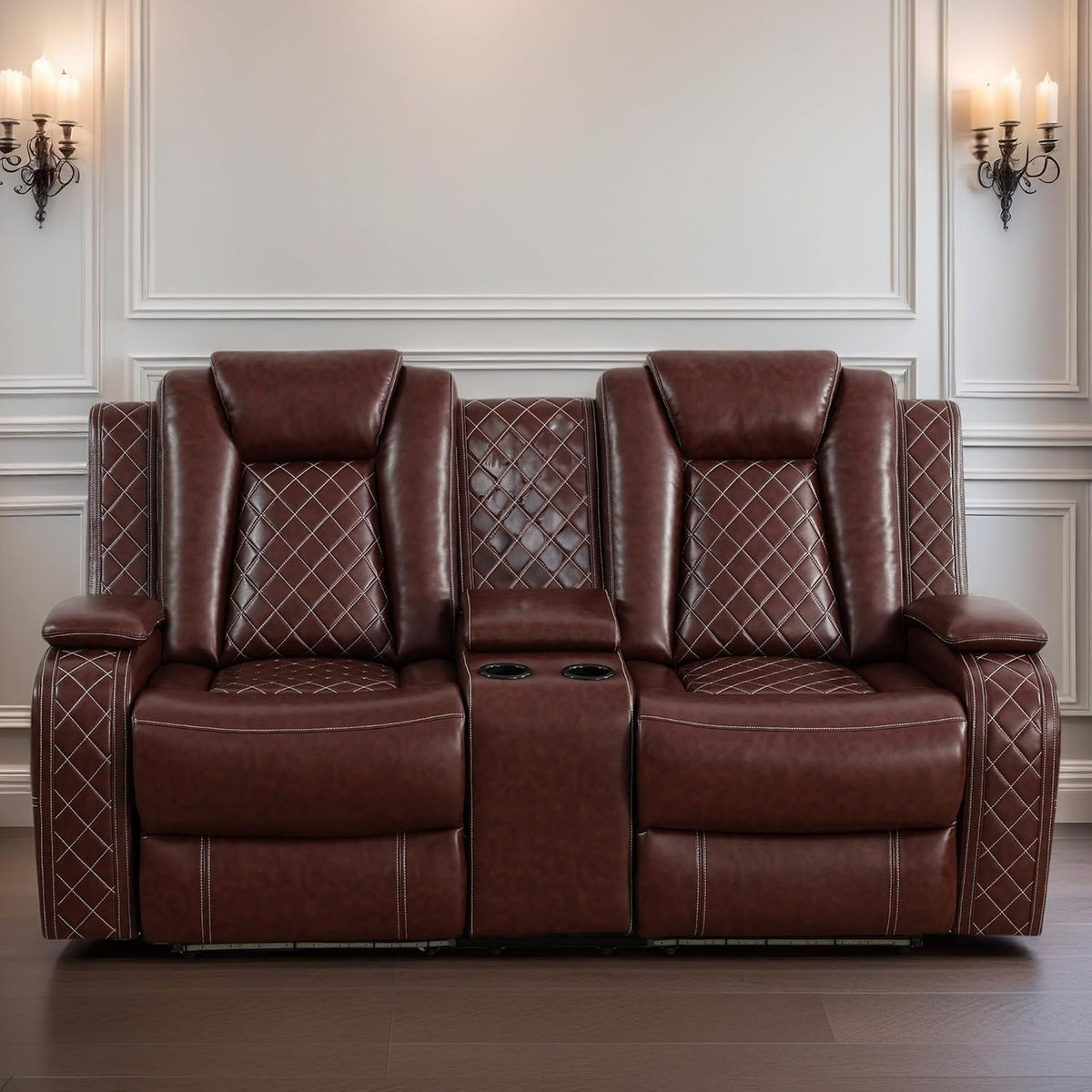 Loveseat Recliner Sofa, Reclining Loveseat Leather Couch with Storage Console, Modern Comfy Home Theater Seating Power Recliner Chair with Cup Holders for Living Room Furniture Sets, Red