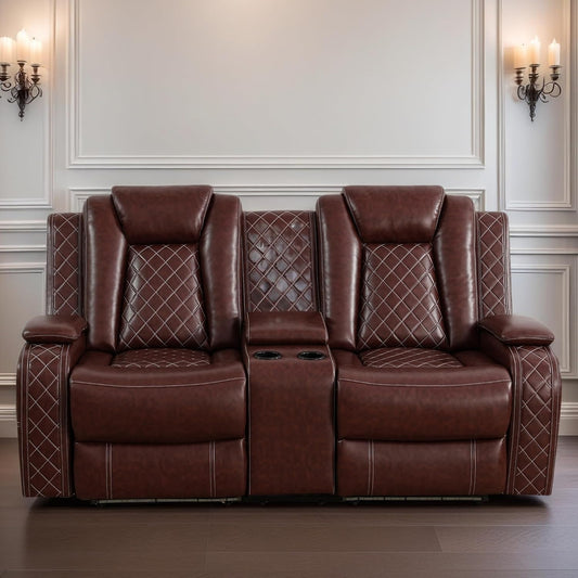 Loveseat Recliner Sofa, Reclining Loveseat Leather Couch with Storage Console, Modern Comfy Home Theater Seating Power Recliner Chair with Cup Holders for Living Room Furniture Sets, Red