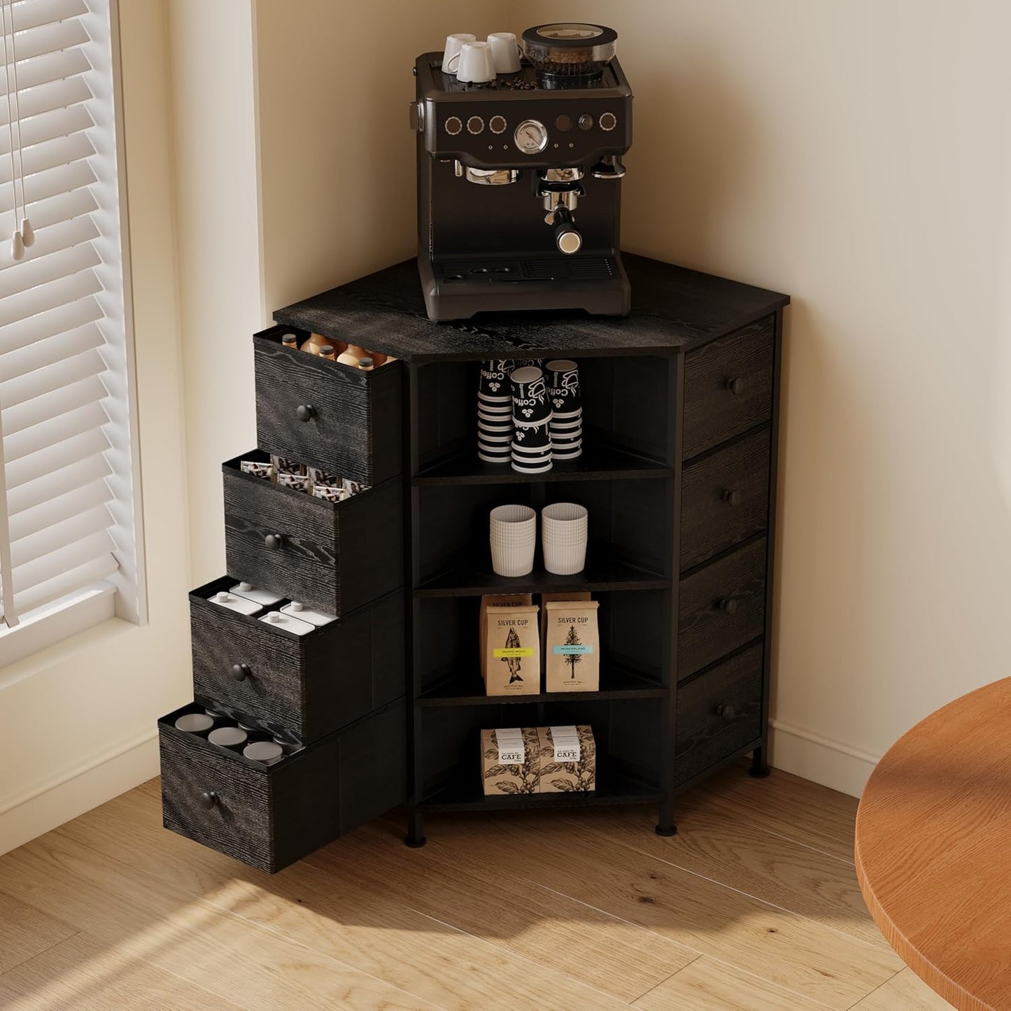 LUMTOK 8 Drawers Corner Dresser with Storage Fabric Drawers and Open Shelves for Small Space，Bedroom，Entryway，Living Room (Black Wood Veins)
