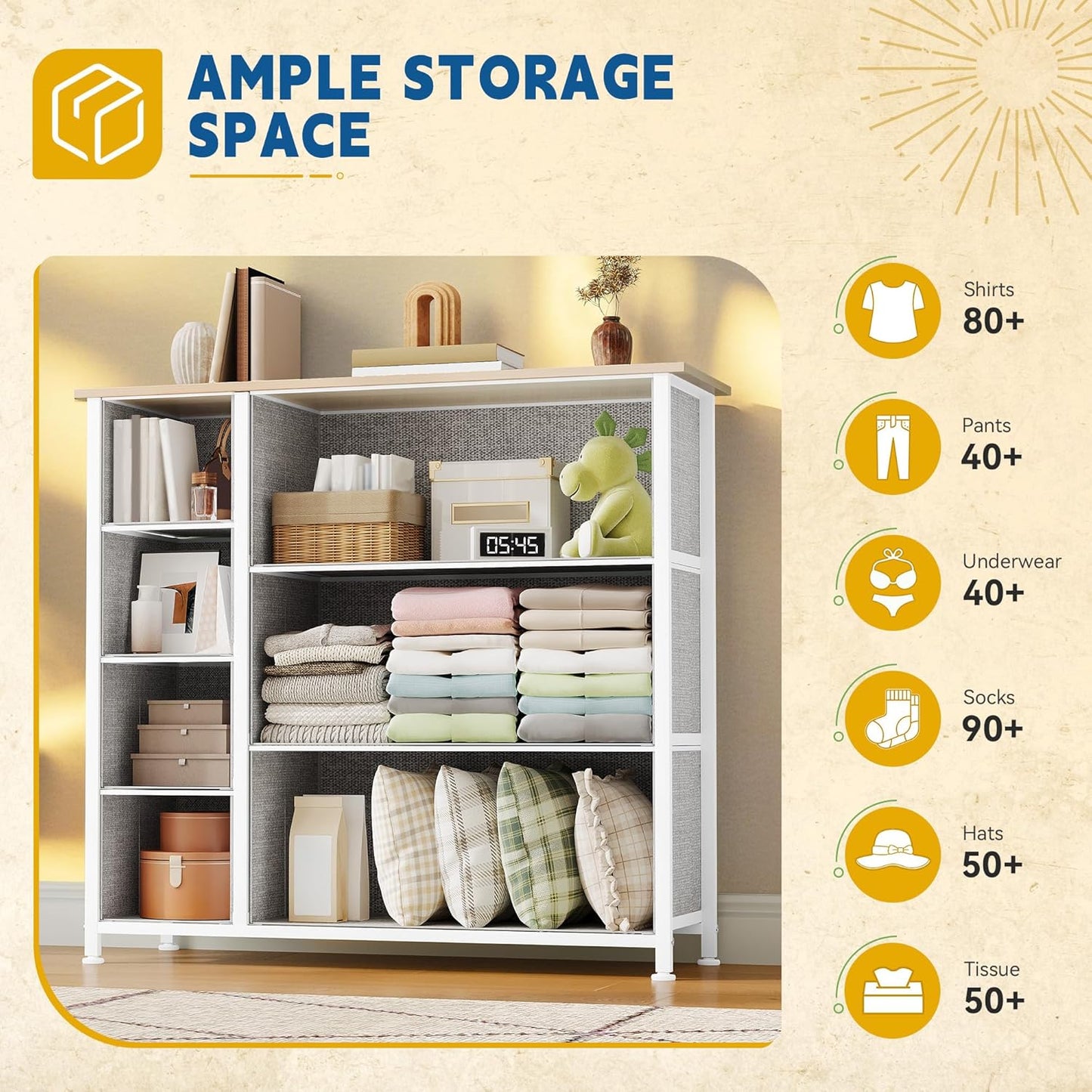 DWVO Dresser for Bedroom, 7 Drawers Fabric Dresser, Organizer Unit for Living Room, Hallway, Closets - Sturdy Steel Frame, Wooden Top & Easy Pull Fabric Bins, Light Gray