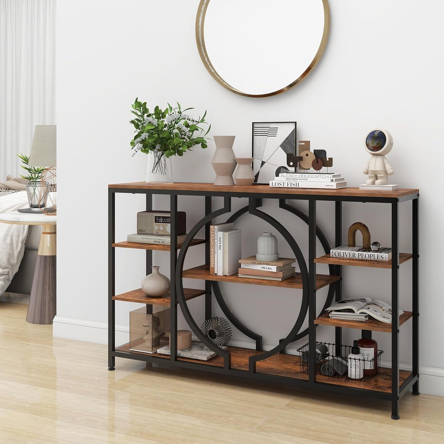 GiftGo 47" Industrial Console Tables for Entryway Rustic Sofa Table Behind Couch 4 Tier Wooden Shelves Entry Table with Storage for Foyer, Hallway, Front Door,Living Room (Rustic Brown, 47")