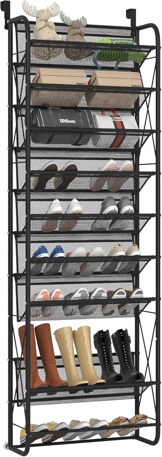 JSB 10 Tier Shoe rack Mesh fabric Over The Door Shoe Organizer X-structure Trouser hangers Closet Pantry Hanging Shoe Clothes Toys Storage Shelves (Black, 10 Tier)