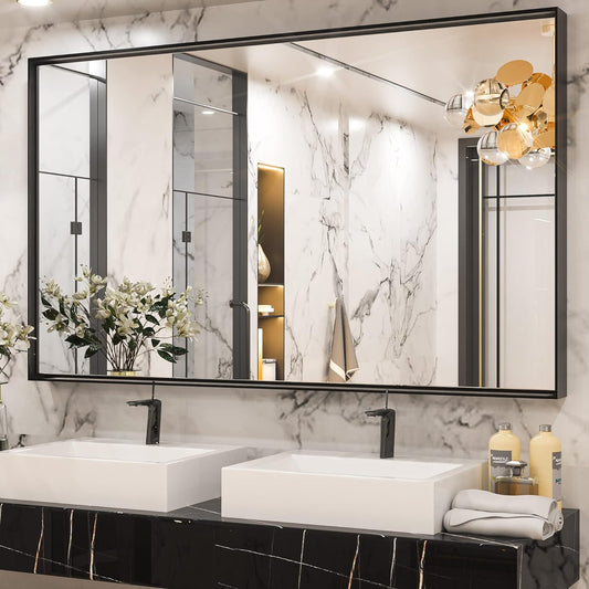 Keonjinn 60 x 36 Inch Black Bathroom Mirrors for Over Sink, Large Metal Framed Rectangle Vanity Mirror for Wall, Matte Black, Square Corner, Oversized, Sturdy & Solid(Horizontal/Vertical)