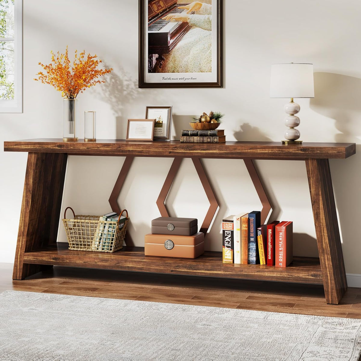 Tribesigns 70.86-Inch Farmhouse Console Table, Industrial Narrow Long Sofa Entryway Table with Storage, 2-Tier Wood Couch Foyer Accent Table for Living Room, Hallway, Entrance (Brown)