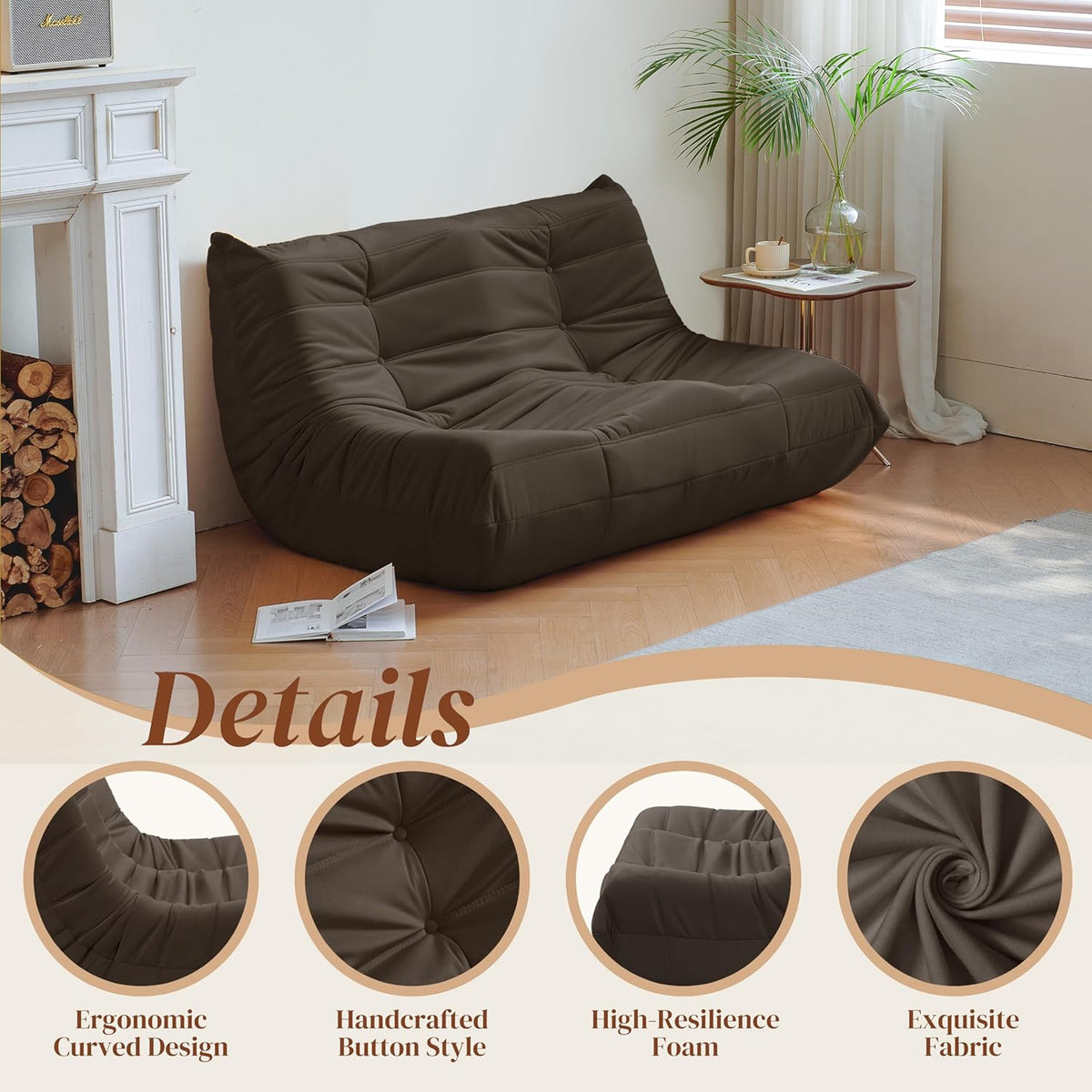 Bean Bag Chair, Loveseat Fireside Chair Bean Bag Sofa for Adults, 2 Seater Bean Bag Chairs for Teens with High-Resilience Foam, Memory Foam Bean Bag for Living Room, Bedroom, Office (Suede, Coffee)