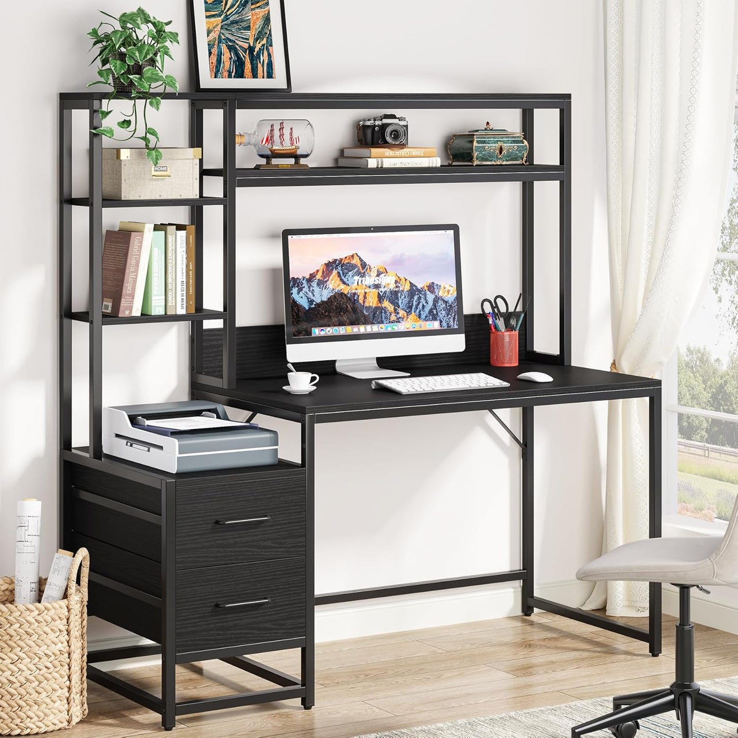 Tribesigns 55 Inch Computer Desk with 2 Drawers and Storage Shelves, Rustic Office Desk with Hutch, Study Writing Gaming Table Laptop Workstation for Home Office (Black)