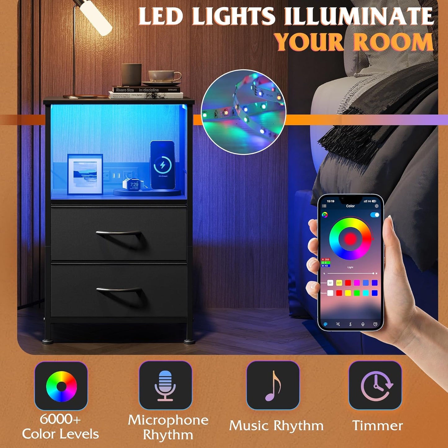 WLIVE Night Stand Set of 2 with Charger Station, Black Nightstand Sets with 2 Fabric Drawers and Storage Shelf, LED Bedside Table, Bedroom Small End Tables with 3 USB Ports and 2 AC Outlets