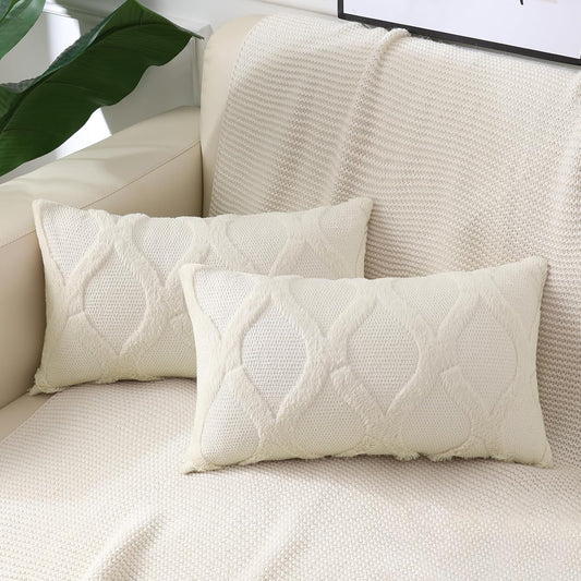 decorUhome Throw Pillow Covers 12x20 Inch Set of 2, Soft Plush Faux Fur Wool Lumbar Beige Couch Pillow Covers, Decorative Neutral Pillow Cases for Bed Sofa Living Room Home Decor