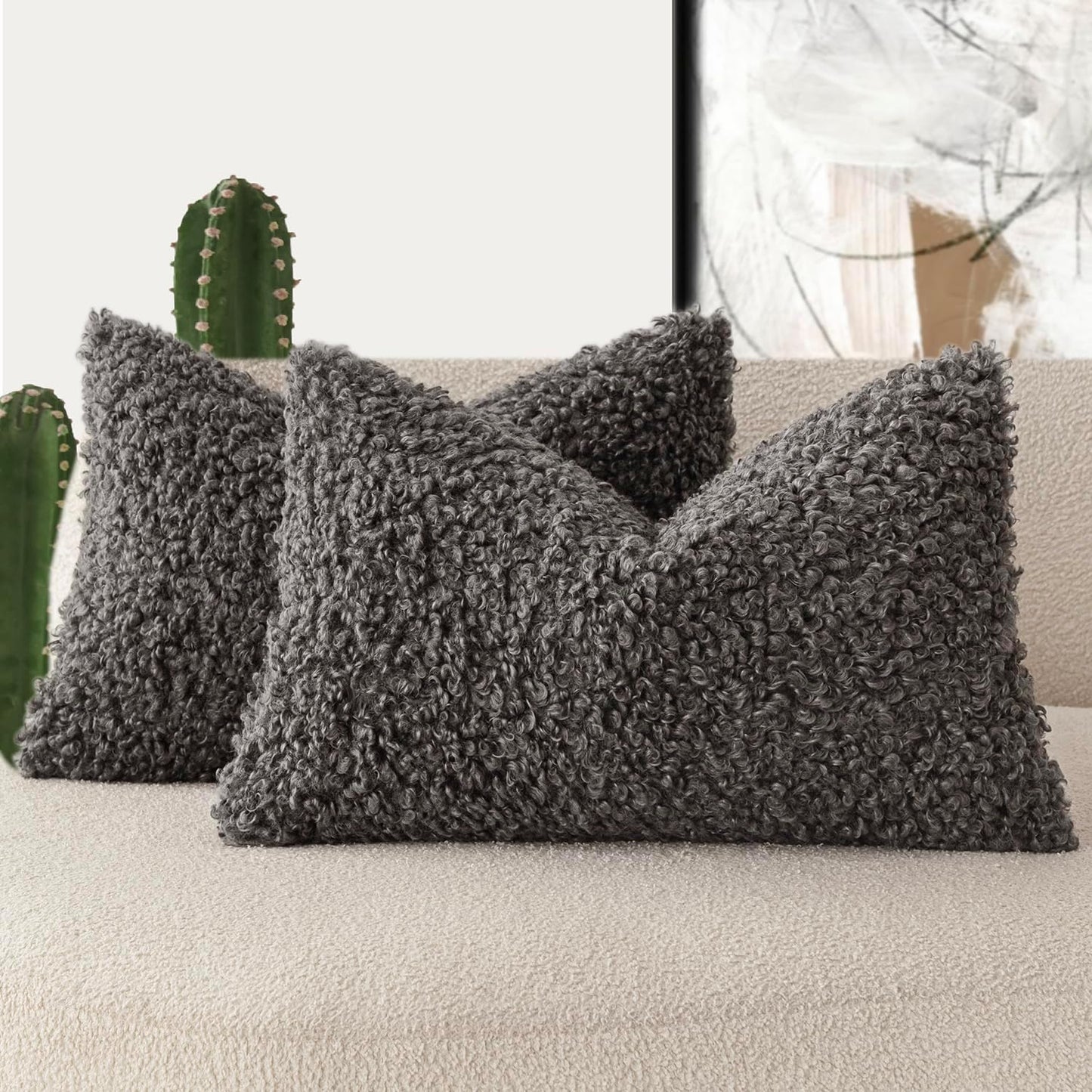 Foindtower Set of 2 Curly Teddy Wool Pillow Covers Decorative Boucle Textured Lumbar Throw Pillow Faux Fur Sherpa Pillowcases Sheepskin Fuzzy Cushion Case for Sofa Bedroom Car 12"x20" Dark Gray
