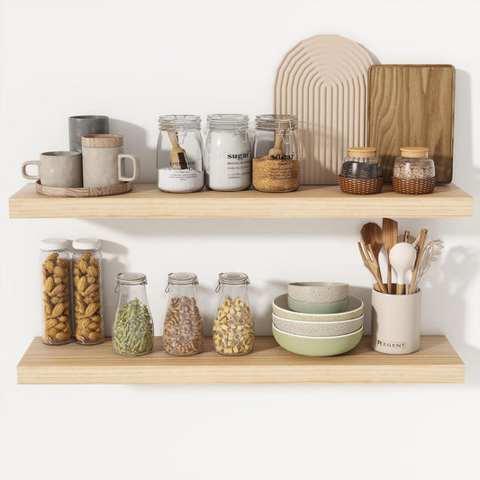 Heimlove Rustic Farmhouse Floating Shelves 36 inch,8 Inch Deep Solid Pine Wood Wall Shelf for Kitchen,Bathroom,Bedroom,Living Room,36" W x 8" D-Set of 2-Unfinished-DIY