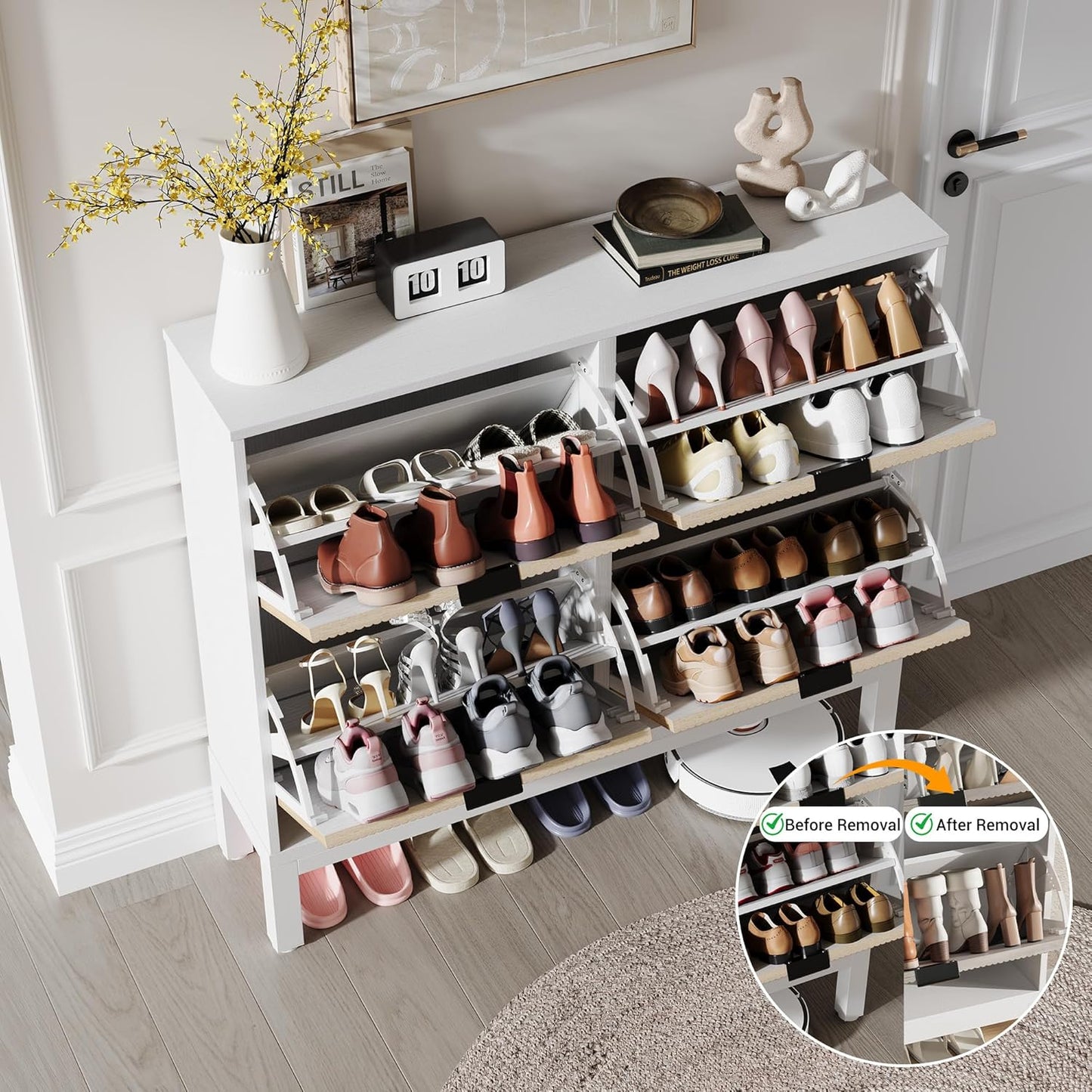 GarveeHome Fluted Shoe Storage Cabinet with 4 Flip Drawers, Narrow Wooden Shoe Organizer with Metal Legs, Modern Farmhouse Hidden Shoe Rack for Entryway, Hallway, White+Oak