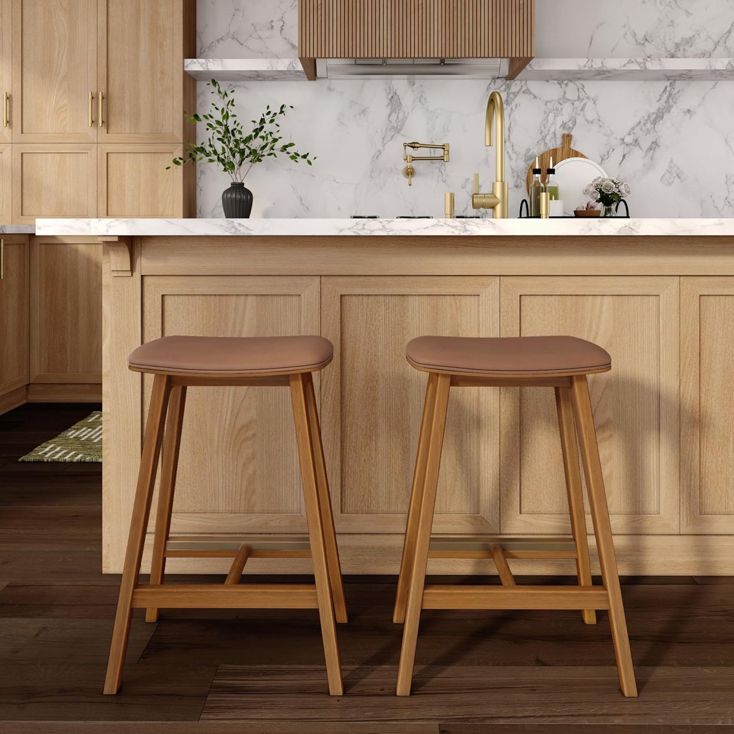 Plank+Beam Beryl Counter Height Stool - Mid-Century Modern Rubberwood Bar Stool with Faux Leather Seat, Metal Footrest, Easy Assembly, 2-Pack, Pecan/Toffee