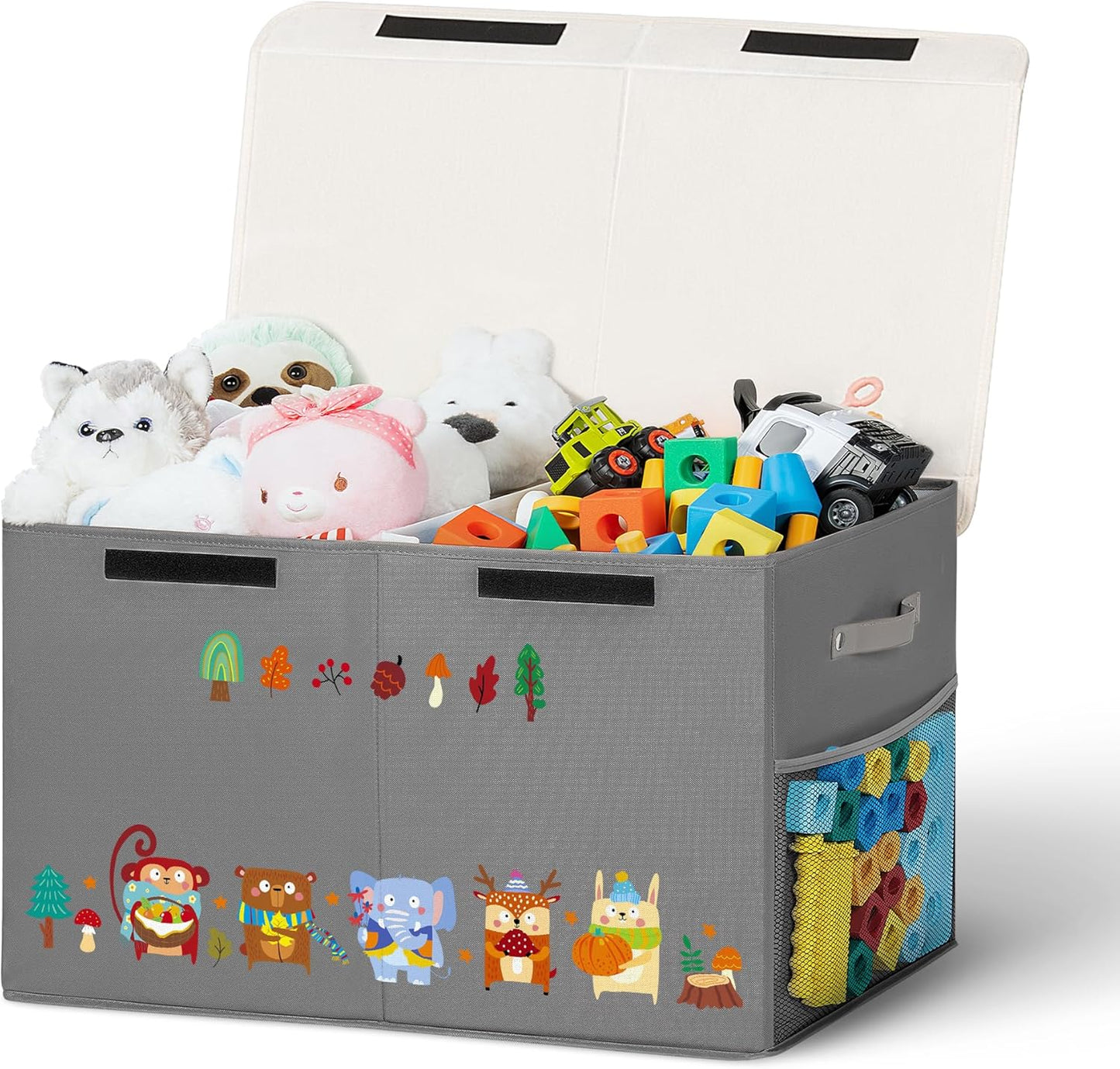 80L Large Toy Storage Box with Lid, Large Toy Box Chest for Kids, Girls and Boys, Nursery Room and Living Room, 26"x13" x16" (grey-animal)