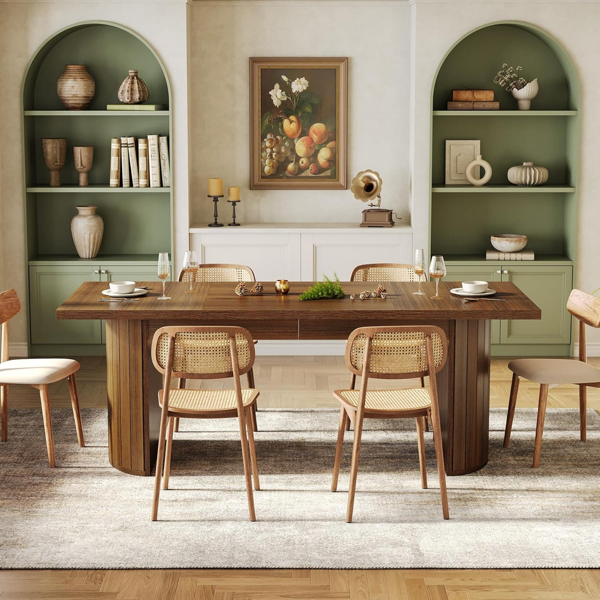 1Easylife 78.74 Inches Long Dining Table for 6, All Wooden Rectangle Kitchen Table, Vintage Dinner Table, Large Dining Room Tables with Half Round Pedestal Fence Design, Deep Brown