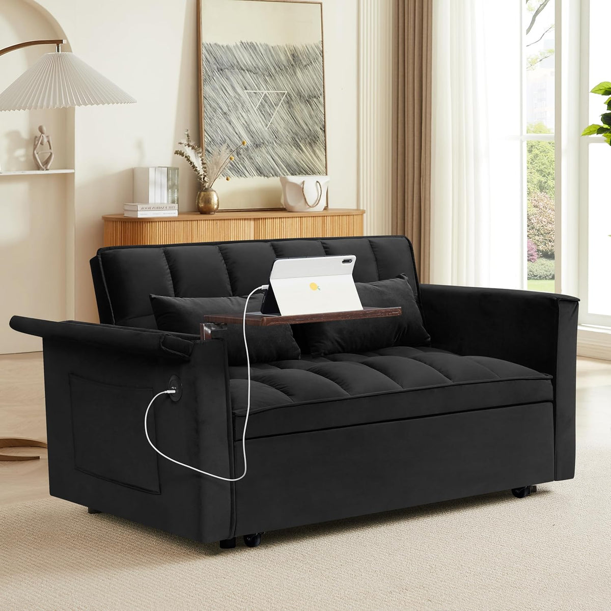 Ball & Cast 55" 3 in 1 Sleeper Sofa Bed Velvet Upholstered Pull Out Couch with Adjustable Back & 2 Pillows,Convertible Futon Sofa Bed W/Hidden Side Table,Side Pocket & USB Port,for Living Room,Black