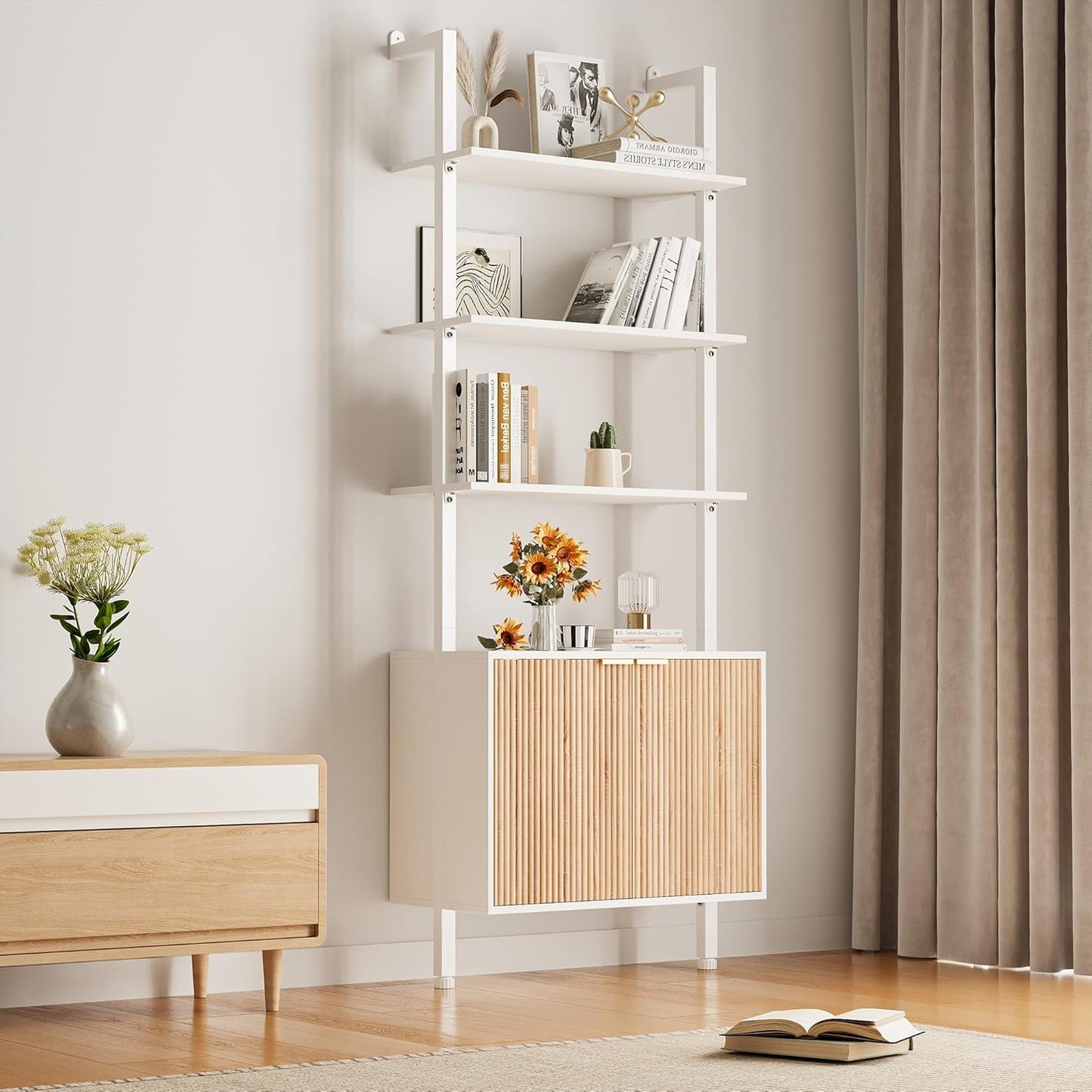 74" Tall Bookshelf with Storage Cabinet, Modern Ladder Shelf with Wood and Metal Frame, Wall Mount Bookcase Open Display Shelf Furniture for Living Room, Bedroom, Home Office, White and Oak