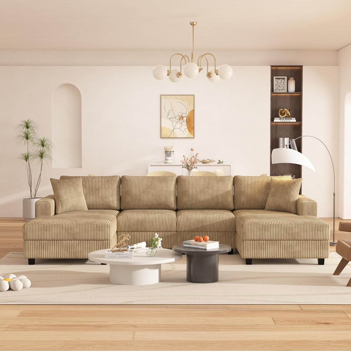 Oversized Symmetrical U Shaped Modular Sectional Sofa with Double Chaise Lounge , Reversible Corduroy Upholstered Sofa Extra Wide Deep Seat Sleeper Sofas Couches w/ 2 Pillows for Living Room Apartment