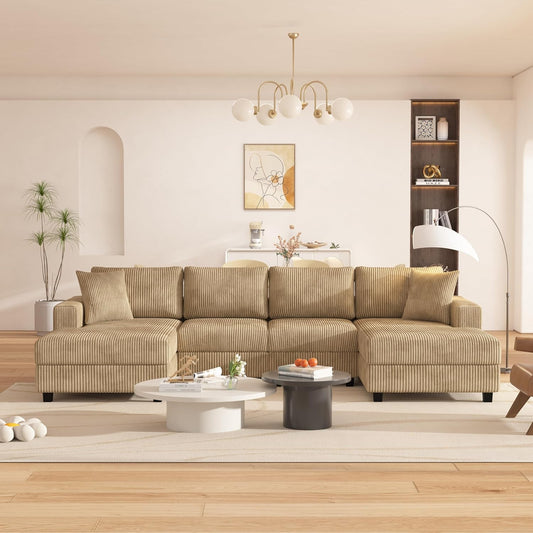 Oversized Symmetrical U Shaped Modular Sectional Sofa with Double Chaise Lounge , Reversible Corduroy Upholstered Sofa Extra Wide Deep Seat Sleeper Sofas Couches w/ 2 Pillows for Living Room Apartment