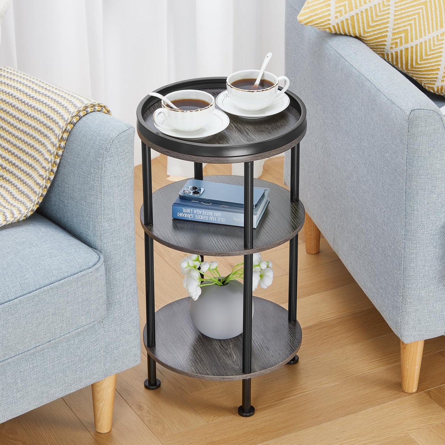 Small Round Side Table for Small Spaces, 3-Tier Round Accent Table Slim Side Table, Modern Sofa Corner Table for Living Room Nightstand Bedroom (Grey)