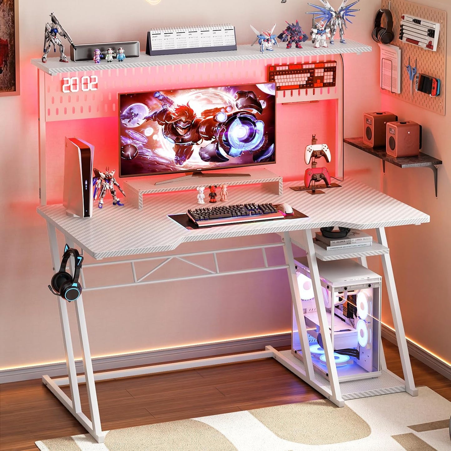 Armocity Gaming Computer Desk with Power Outlets, Gaming Desk with Hutch and LED Lights, Reversible PC Gaming Desk with Pegboard, Carbon Fiber White, 47"