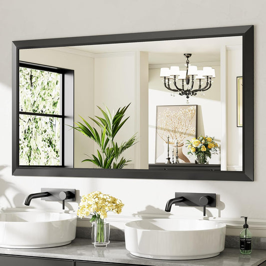 55x30 Inch Black Bathroom Mirror for Wall, Thick Metal Framed Rectangle Mirrors for Over Sink, Bedroom, Living Room, Entryway, Anti-Rust, HD Tempered Glass