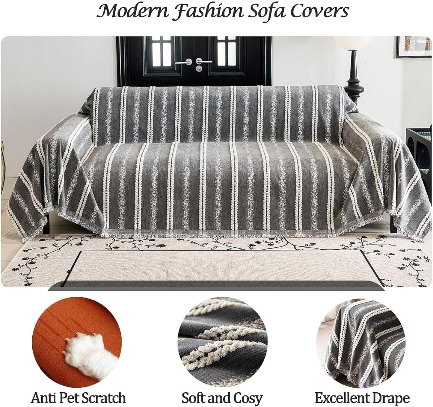 Couch Cover for Dogs Washable Sofa Cover, Sectional Couch Covers, Sofa Covers for 2 Cushion Couch, Non Slip Stripe Sofa Slipcovers Furniture Protector, Couch Protector from Cat Claws, Grey,75''x134''