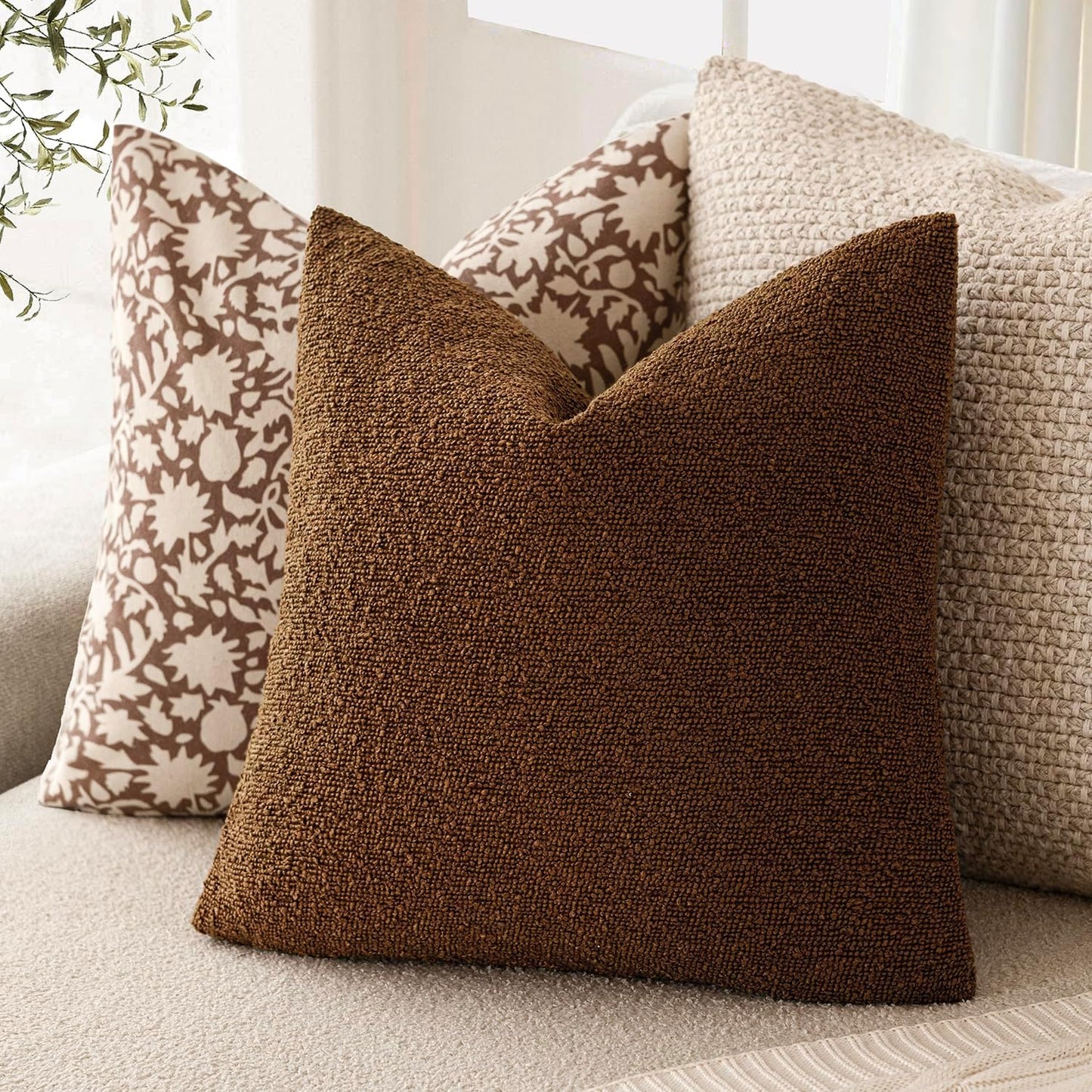Foindtower Pack of 2, Decorative Textured Boucle Throw Pillow Covers Neutral Accent Solid Pillow Cases Cozy Soft Couch Cushion Case for Chair Sofa Bedroom Living Room Home Decor 22x22 Inch Hazel Brown
