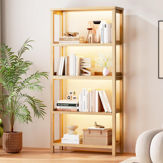 Vlsrka 5 Tier Wooden Bookshelf with Lights, 65" Tall Open Bookcase Storage Rack, Modern Bookshelf with Storage, Free Standing Display Book Shelves for Living Room, Home Office, Brown