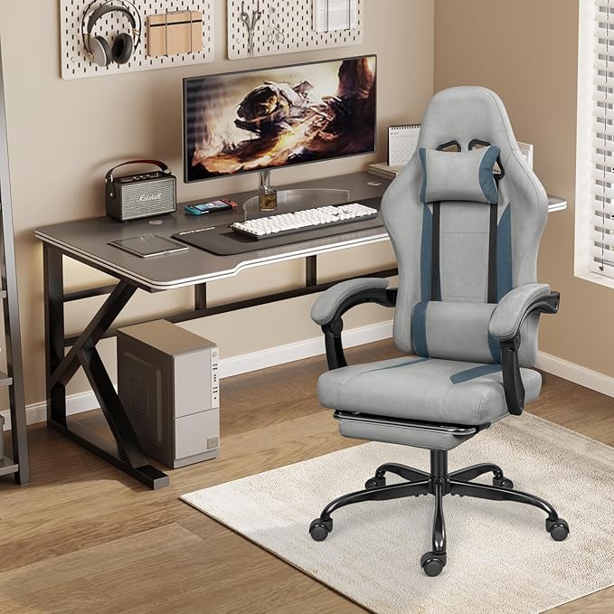 Breathable Fabric Gaming Chair with Footrest, Height Adjustable Game Chair, Video Gaming Chair for Gaming Room, Living Room and Office - Light Grey/Blue