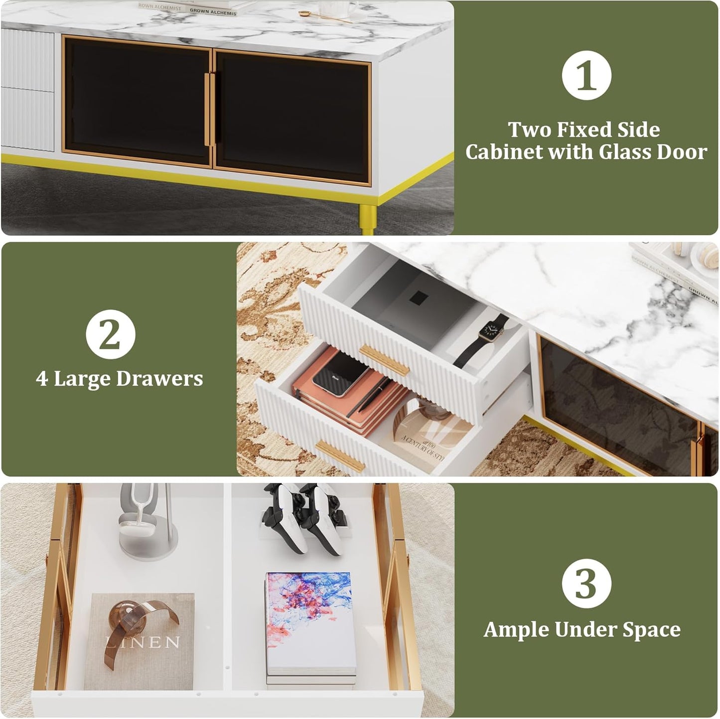 GAOMON Coffee Table for Living Room, Faux Marble Coffee Table with 4 Drawers and Glass Doors Storage, Modern Aesthetic Fluted Panel Design, White & Gold