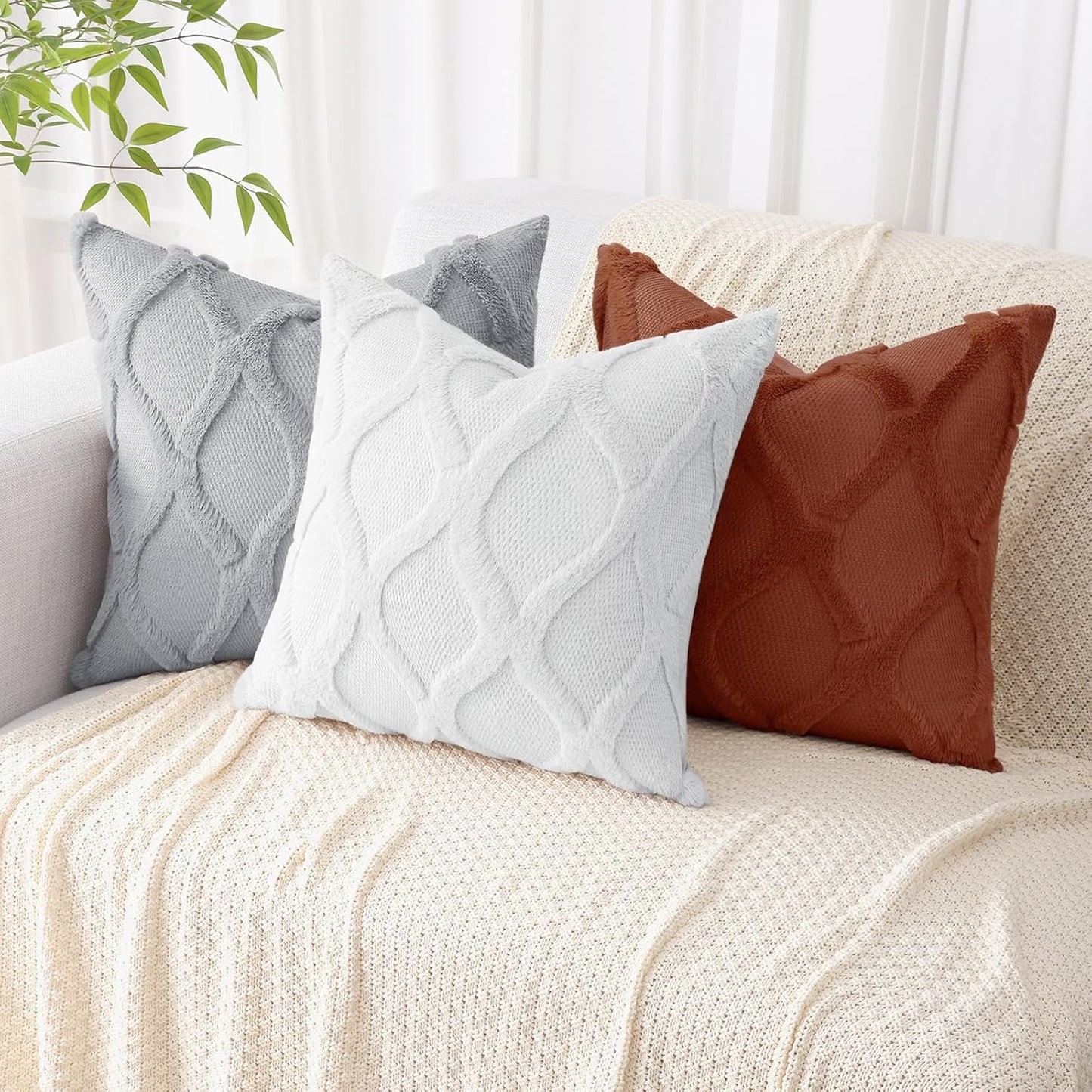 decorUhome Throw Pillow Covers 26x26 Inch Set of 2, Soft Plush Faux Fur Wool Pure White Couch Pillow Covers, Decorative Neutral Pillow Cases for Bed Sofa Living Room Home Decor