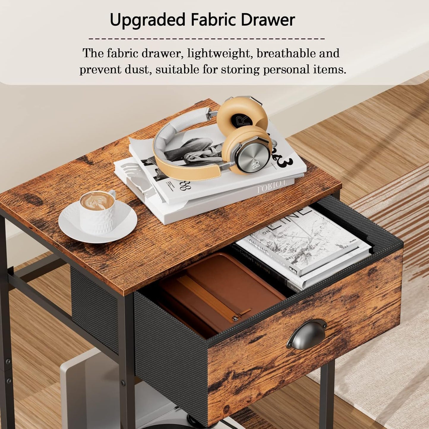 Furologee Nightstands Set of 2, Industrial End Table with Fabric Drawer and Storage Shelf, Retro Bedside Tables Organizer, Side Table for Living Room Bedroom, Rustic Brown