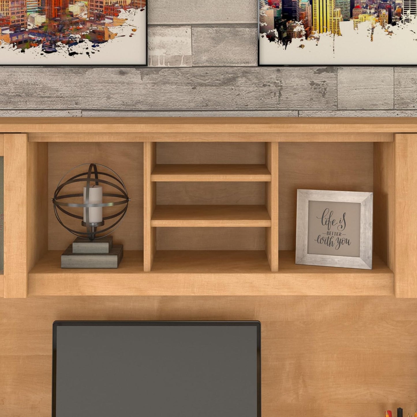 Bush Furniture Somerset 3 Position Sit to Stand L Shaped Desk with Hutch in Maple Cross Ergonomic Height Adjustable Standing Computer/Laptop Table for Home Office