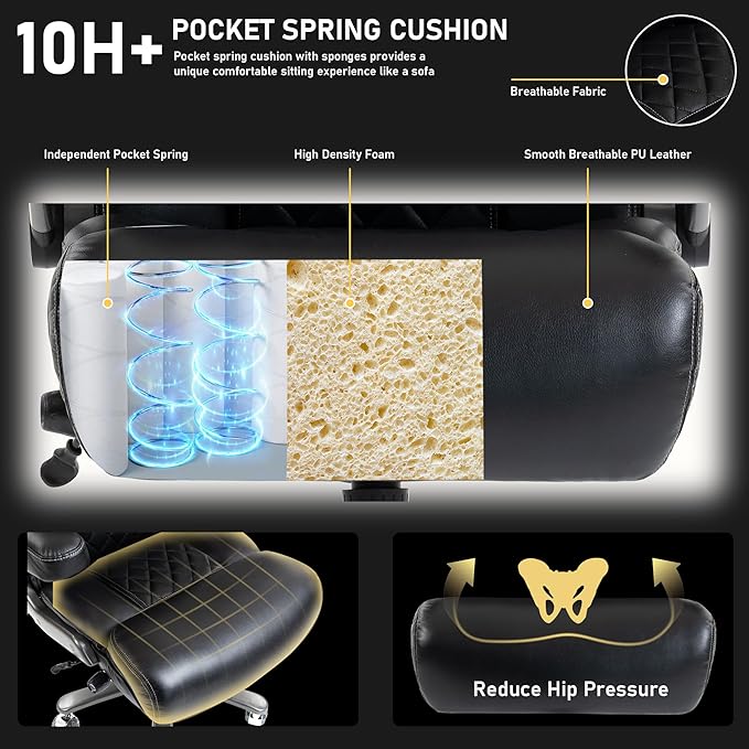 DYHOME 700LBS Heavy Duty Office Chair with 4d Armrest, Big and Tall Office Chair, Ergonomic Computer Chair with Airbag Lumbar Support, Wider Thicker Seat Cushion, PU Comfy Office Desk Chairs, Black