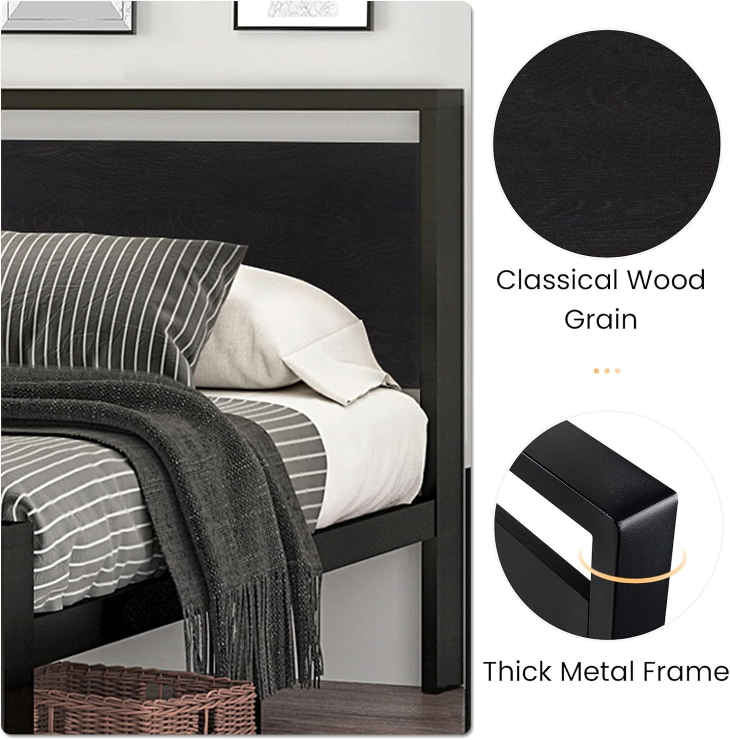 SHA CERLIN 14 Inch Queen Size Metal Platform Bed Frame with Wooden Headboard and Footboard, Mattress Foundation, No Box Spring Needed, Large Under Bed Storage, Non-Slip Without Noise, Black Oak