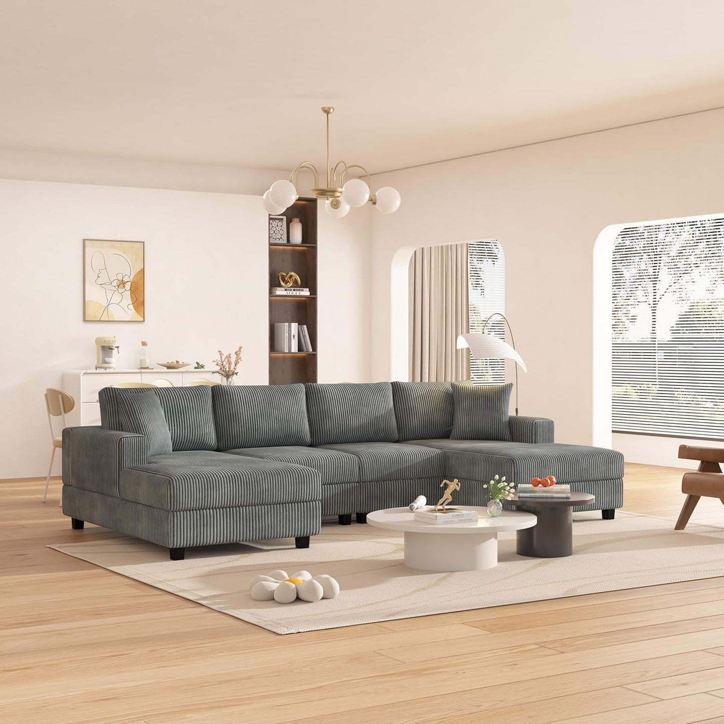 Eafurn Oversized Symmetrical U Shaped Modular Sectional Sofa with Double Chaise Lounge, Reversible Corduroy Upholstered Sofa Extra Wide Deep Seat Sleeper Sofas Couches w/ 2 Pillows