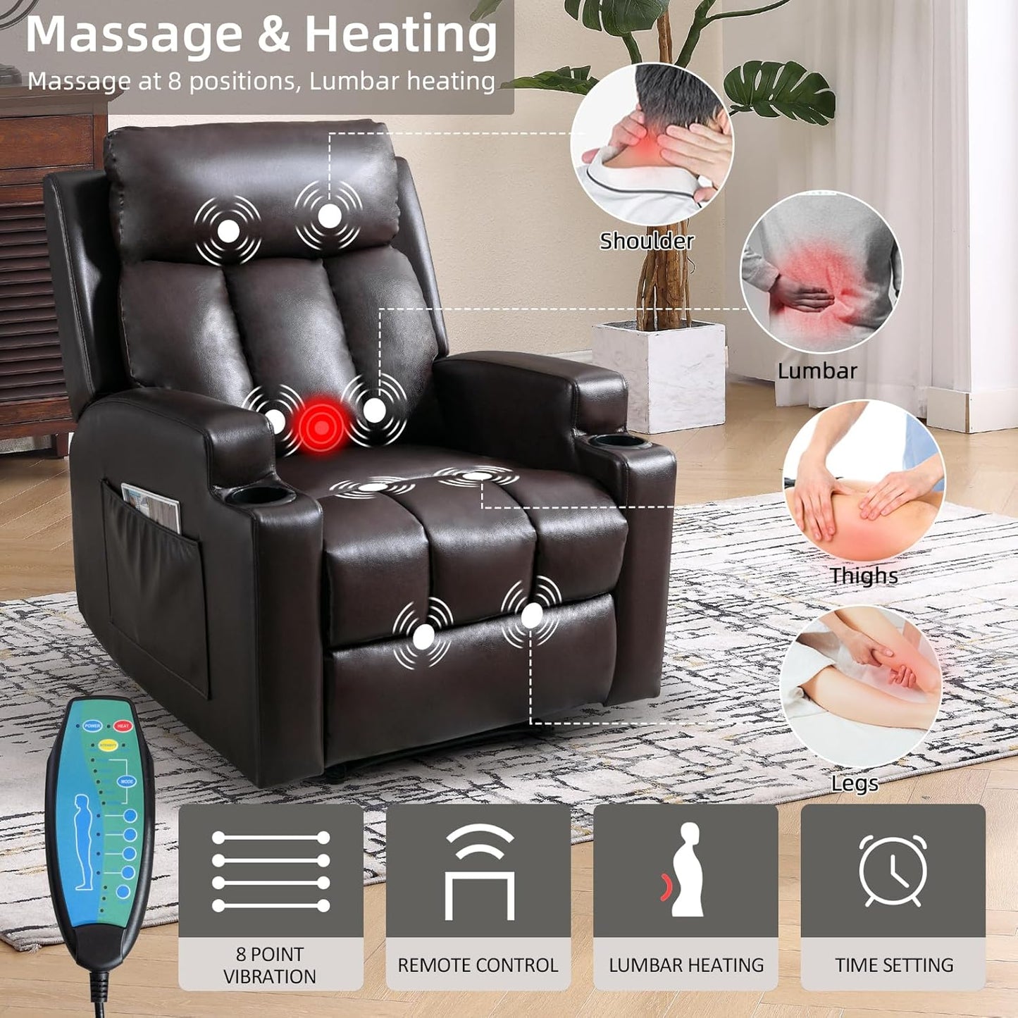 Phoenix Home Manual Recliner Chair Set of 2 with Massage and Heat, Ergonomic Overstuffed Faux Leather Recliner Single Sofa with 2 Cup Holders, Living Room Lounge Recliners on Clearance, Brown