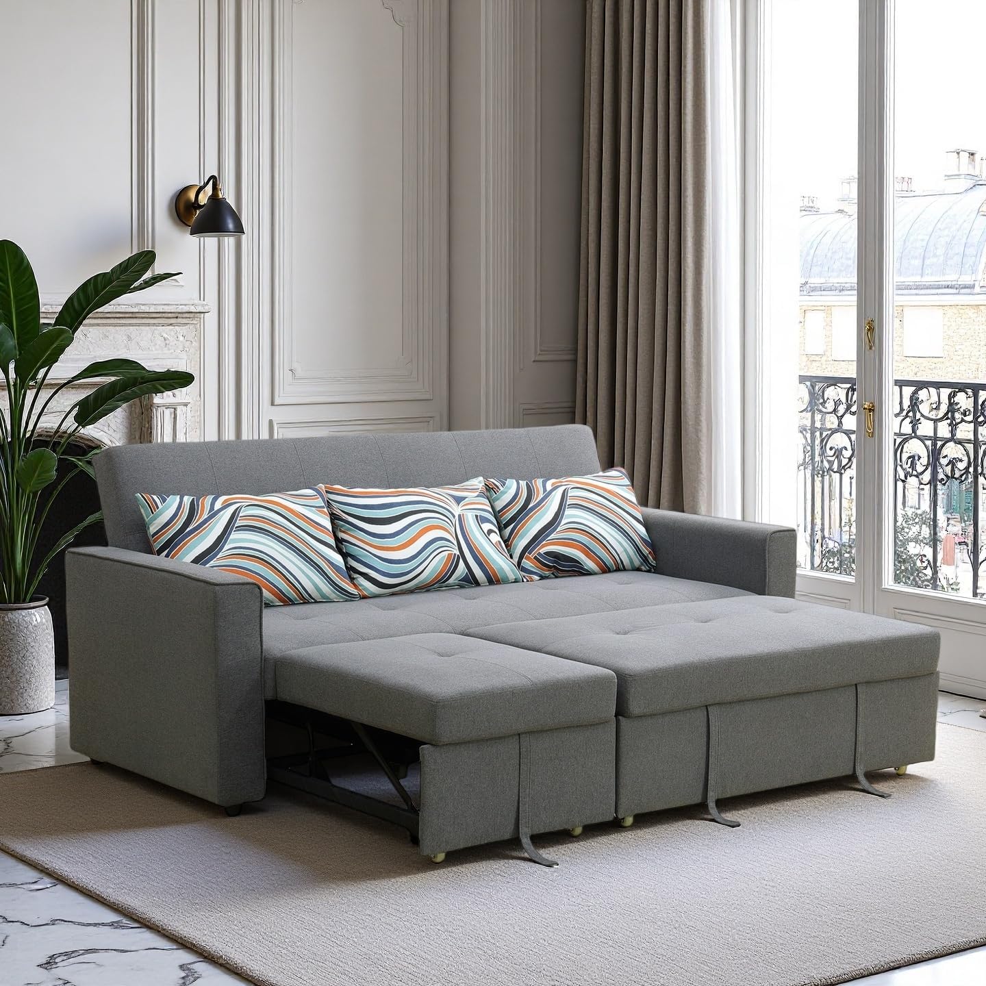 77 Inch Convertible Pull Out Sofa Bed, Sleeper Couch with Fluffy Fabric, 3 Seat Living Room Sofa Set with Adjustable Backrest for Living Room, Bedroom, Apartment, Grey