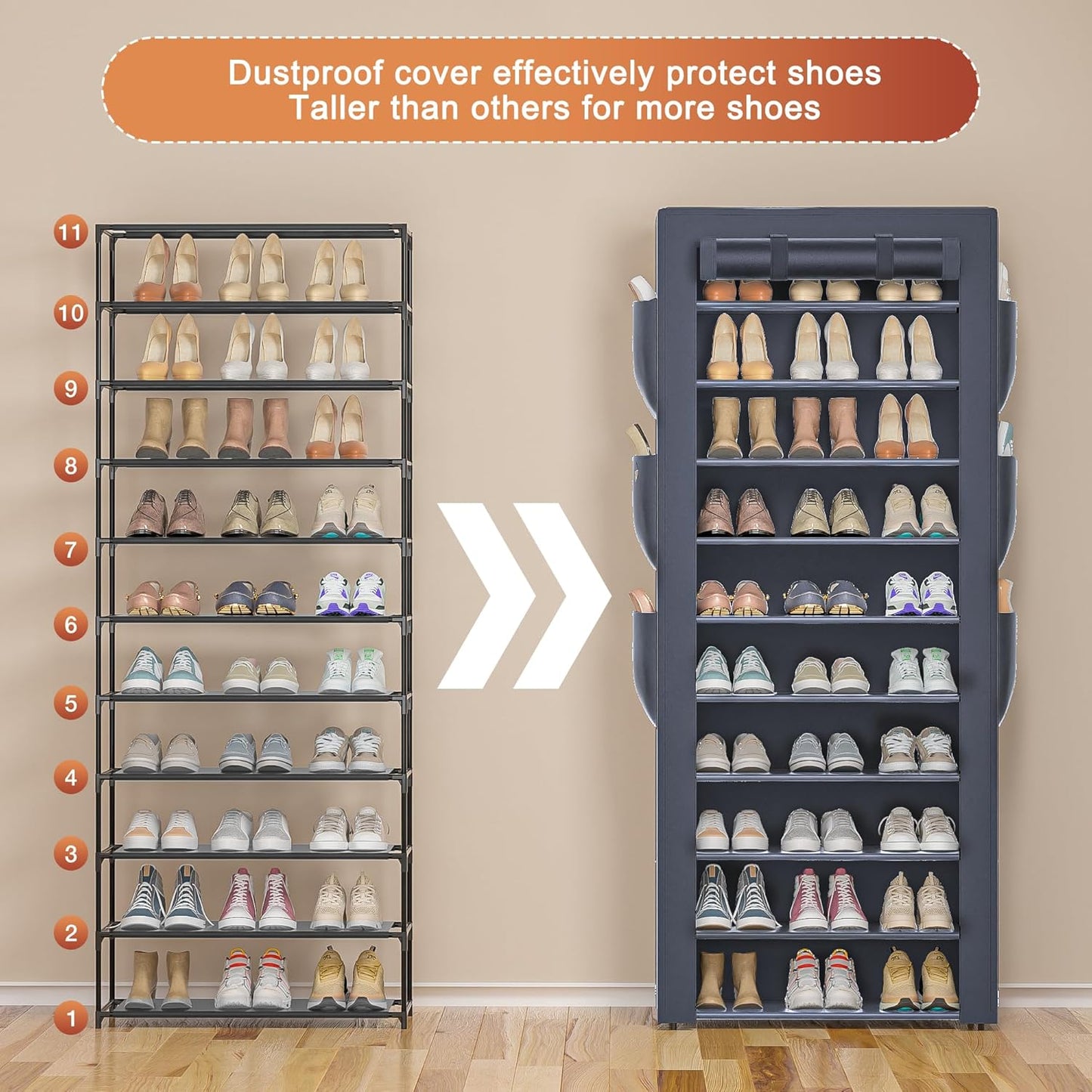 Shoes Rack 10 Tier Tall Shoe Rack with Storage Pockets, Fabric Covered Shoe Racks,Metal Shoes Rack Organizer for Closets,Bedroom, Garage