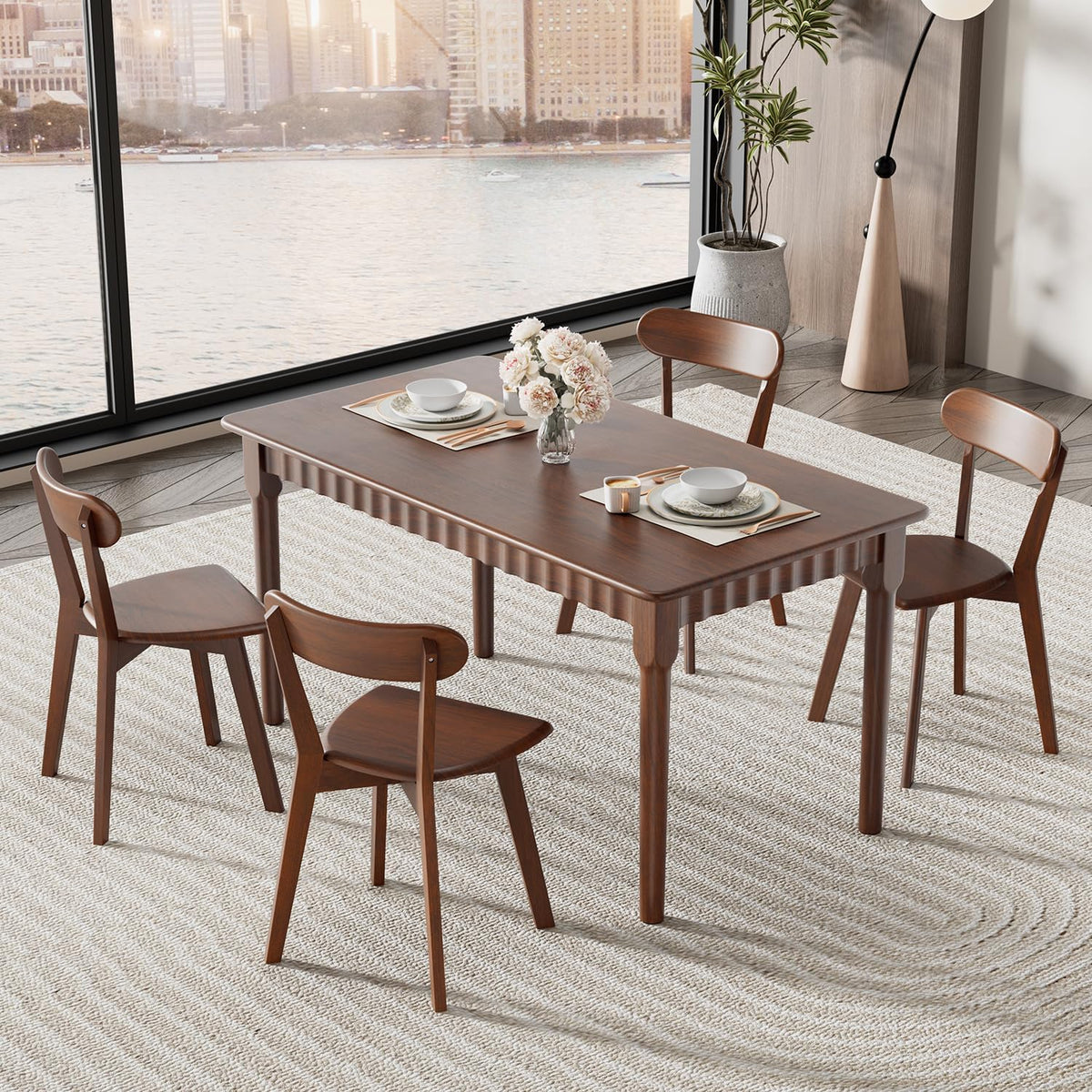 59 Inch Solid Wood Dining Table for 4-6, Farmhouse Kitchen Table with Large Tabletop, Mid Century Modern Table for Dining Room, Living Room, Kitchen, Easy Assembly, Walnut