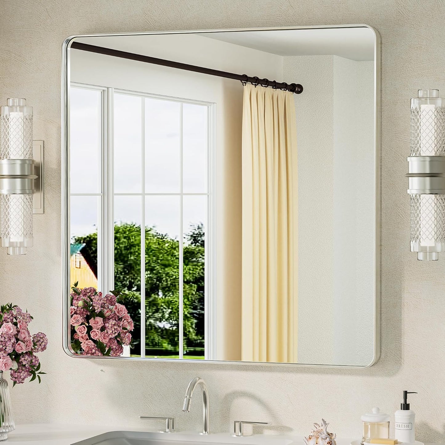 TETOTE 36 x 36 Inch Brushed Nickel Mirror Metal Framed Bathroom Mirror, Tempered Glass, Modern Farmhouse Wall Mounted Mirror for Decorative(Horizontal/Vertical)