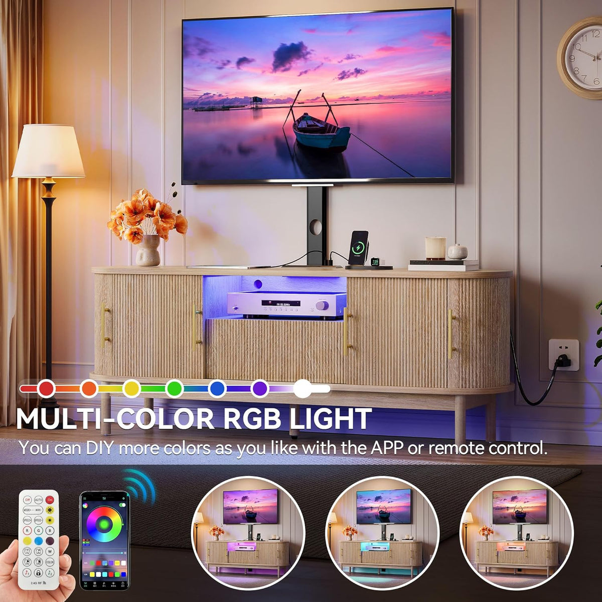 YITAHOME Fluted TV Stands for Living Room with Mount, Modern Entertainment Center for 32-70 inch TVs, LED Curved TV Stand with PowerOutlets & LED Light, Curved Profile Design, Natural Oak
