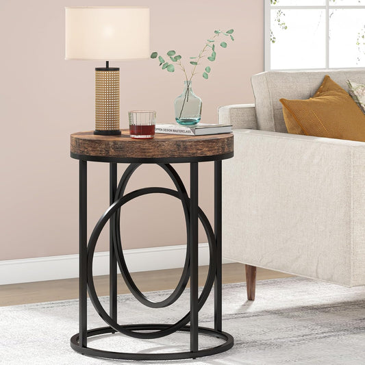 Tribesigns Round End Table for Living Room, 20-Inch Wide, Industrial Side Table with Metal Frame and Wood Top, Modern Circle Accent Table, Tall Narrow Nightstand for Bedroom (Rustic Brown)