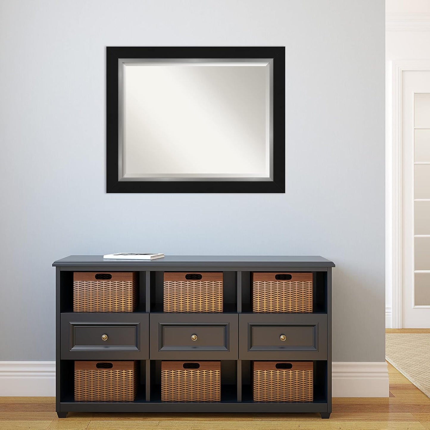 Amanti Art Black Bathroom Mirror for Over Sink, 28x34 Eva Black Silver Rectangle Vanity Mirror, Large Modern Contemporary Frame, Hangs Horizonally and Vertically, Bathroom Wall Decor, Beveled Edge