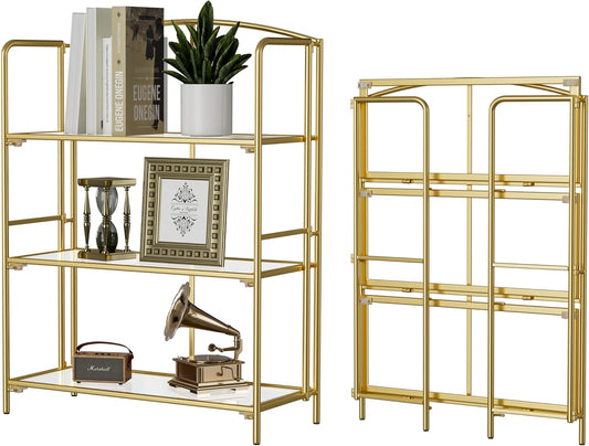Crofy No Assembly Folding Bookshelf for Living Room, 3 Tier Gold Collapsible Book Shelf for Home Office, Portable Bookcase Storage Organizer