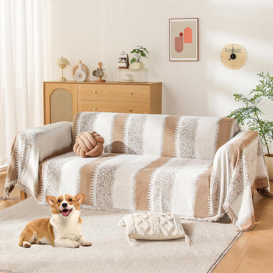 Boho Sofa Cover, Couch Covers for 3 Cushion Couch Sofa Pet Friendly, Sofa Cover Washable, Soft Chenille Living Room Couch Covers Slipcover, Pet Furniture Protecto(1# Khaki, 71" x 134")