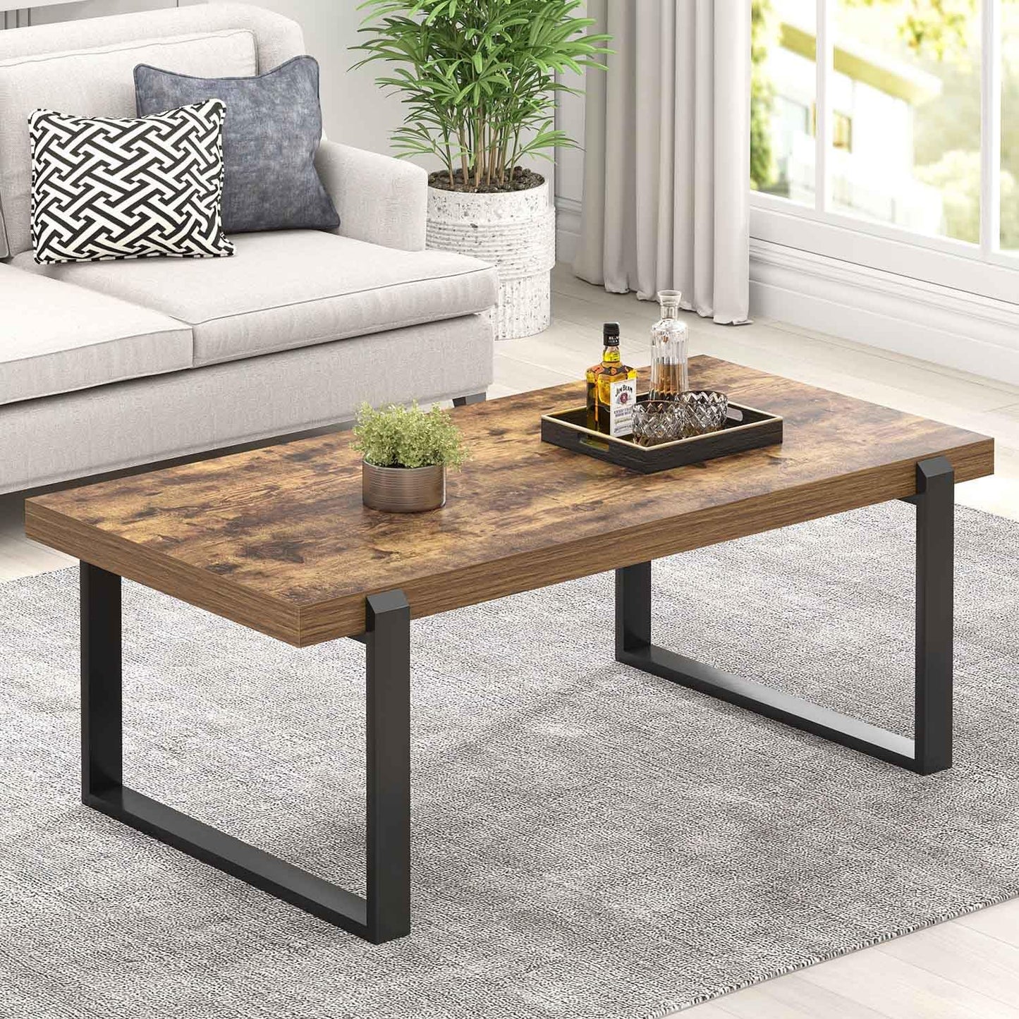 FOLUBAN Coffee Table, Modern Rustic Wood and Metal Center Table, Industrial Rectangle Cocktail Tea Table for Living Room, Brown, 47 Inch