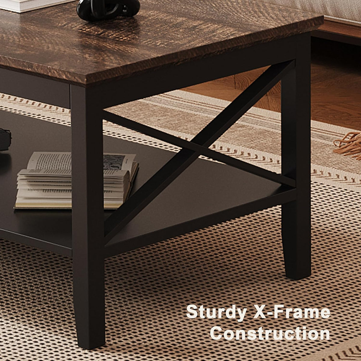 ChooChoo Coffee Table, Wooden Coffee Tables with Thicker Legs, Black Coffee Table with Storage for Living Room
