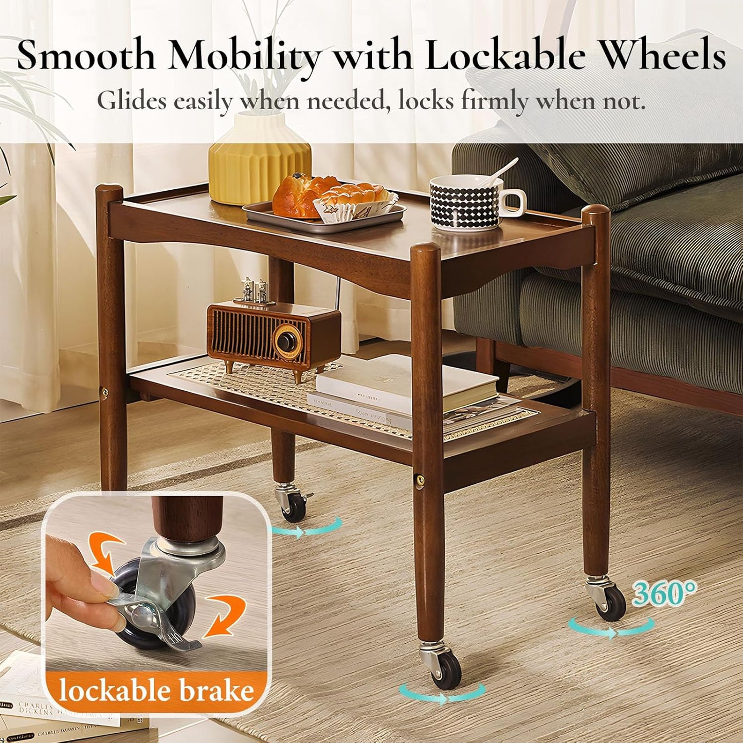 Rattan Side Table with Wheels, Small End Table with Storage, Narrow Wooden Bed Side Table for Living Room, Modern Slim Sofa Nightstand, 23.43" W*12.99" D*19.69" H, (Walnut)