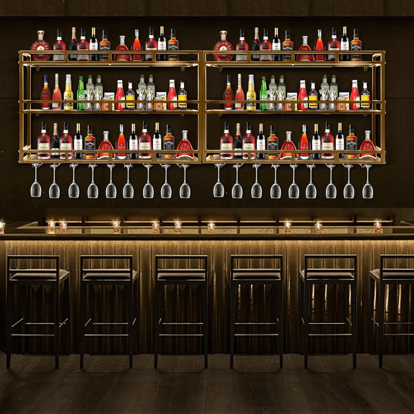 Metal Wine Rack Wall Mounted, Bar Shelves for Liquor Bottles with LED Light, 3 Tier Large Capacity Liquor Rack Wall Mounted with Glass Holder for Home Bar & Dining Room （Gold, 31in/80cm）